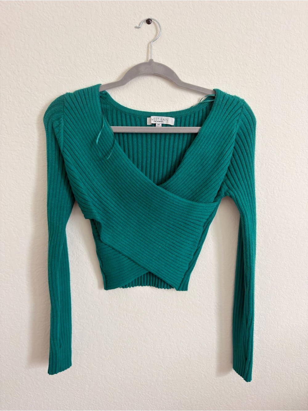 Sweet Rain Teal Ribbed Wrap Crop Top